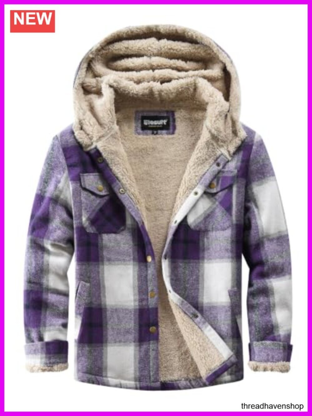 Fleece Sherpa Plaid Button Down Hooded Jacket with Pockets